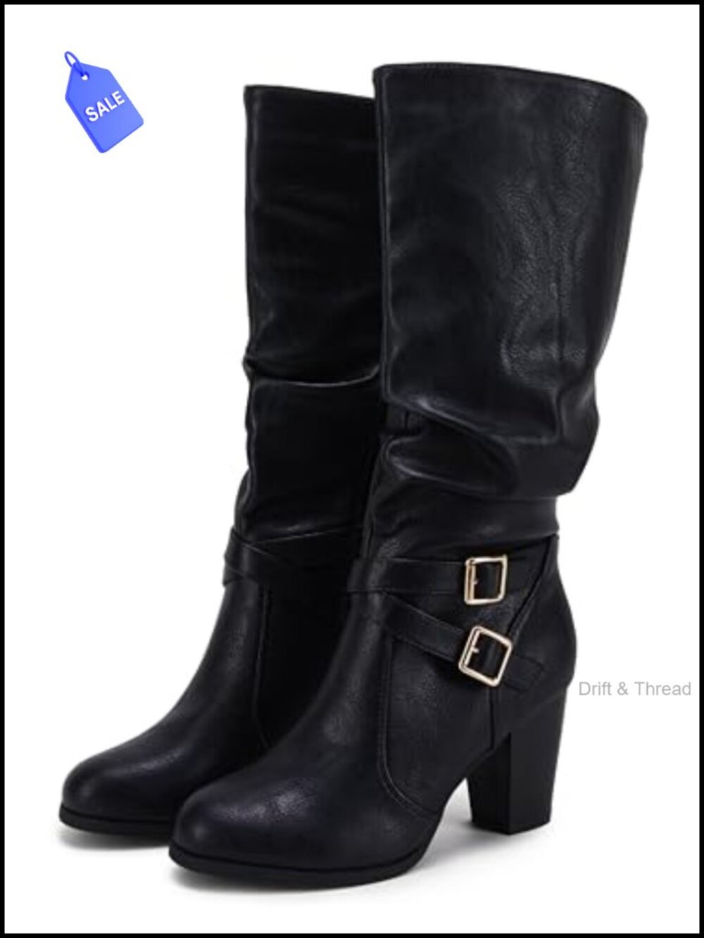 Womens Mid Knee High Boots Chunky Heel Slouchy Metal Buckle Side Zipper Winter